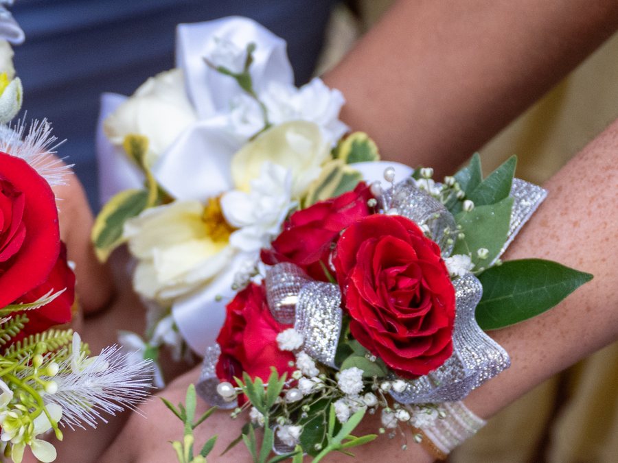 Red and white rose wrist corsage with silver ribbon